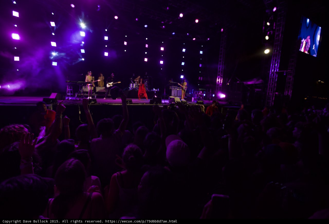 FYF Fest Wide Stage Solange Red Dress Dancing Band Video Screen Purple Night