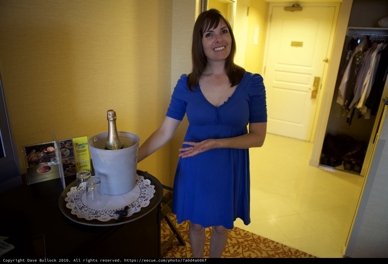 Woman in Blue Dress with Champagne in Hotel Suite