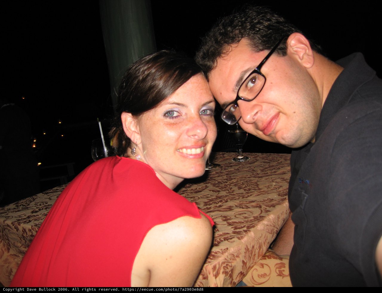 Romantic Couple Poses Together at Dinner Table