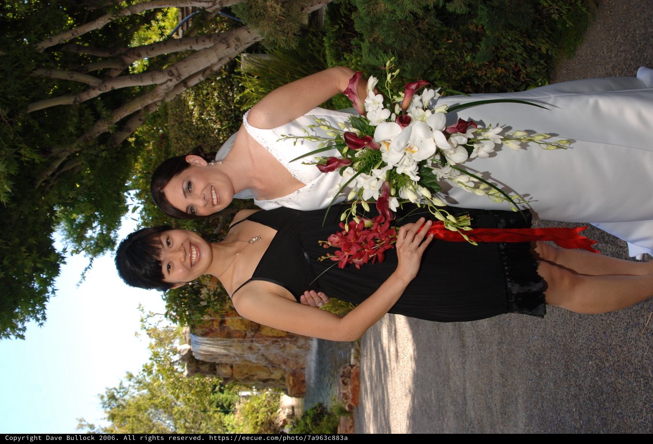 Bride and Bridesmaid Celebrate at Garden Wedding