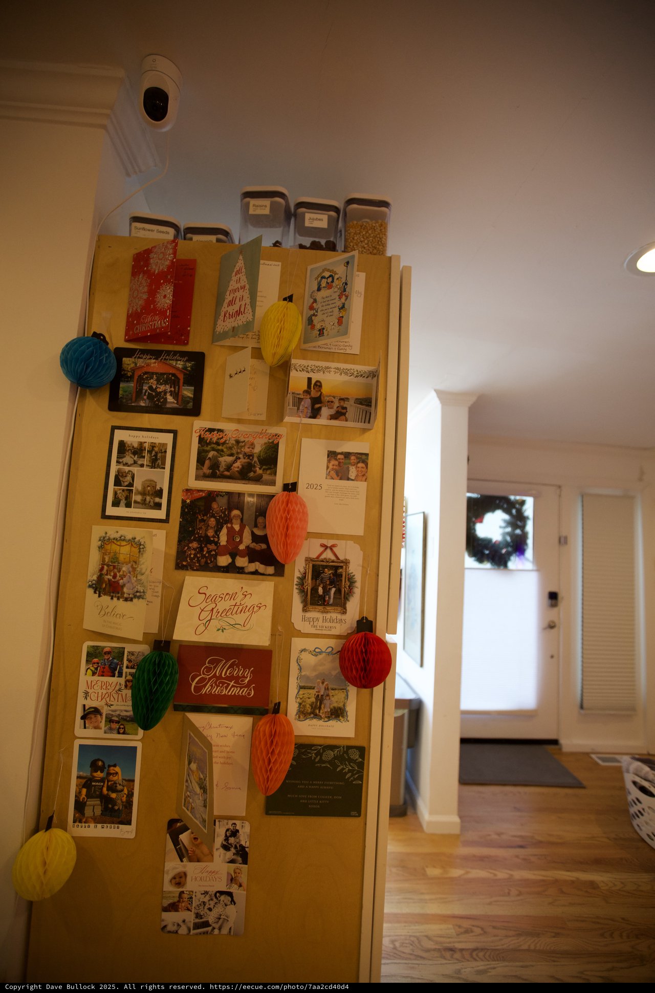 Christmas Card Display on Kitchen Refrigerator Door
