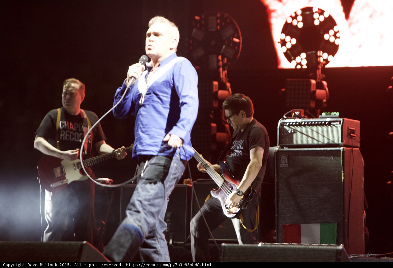 Morrissey Walking Blue Shirt Guitarist Capitol Tee Bassist Glasses Capitol Records Ampeg Italian Flag