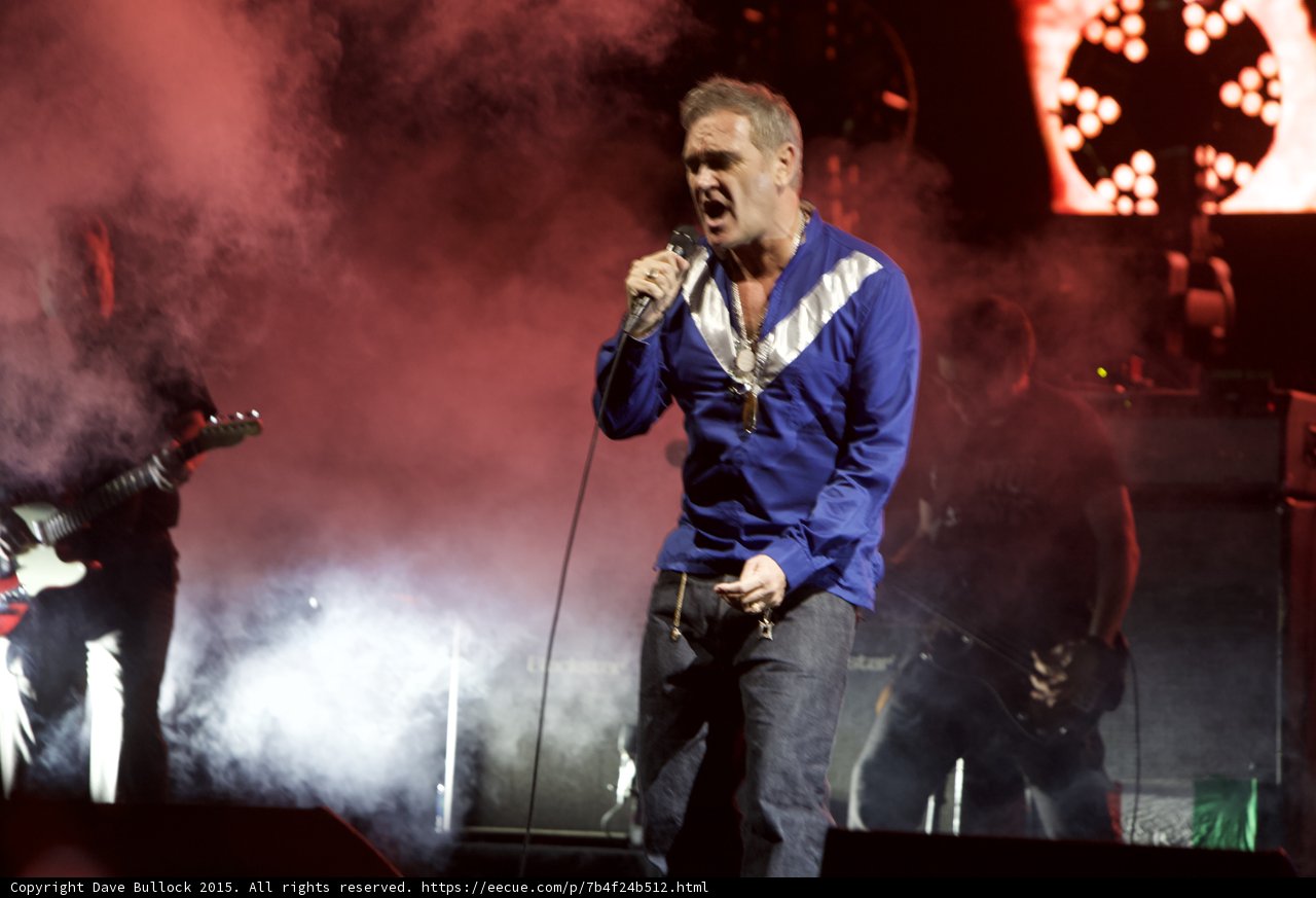 Morrissey Singing Passionately Shirt Open Blue White Stripe Pink Smoke Lights Intense