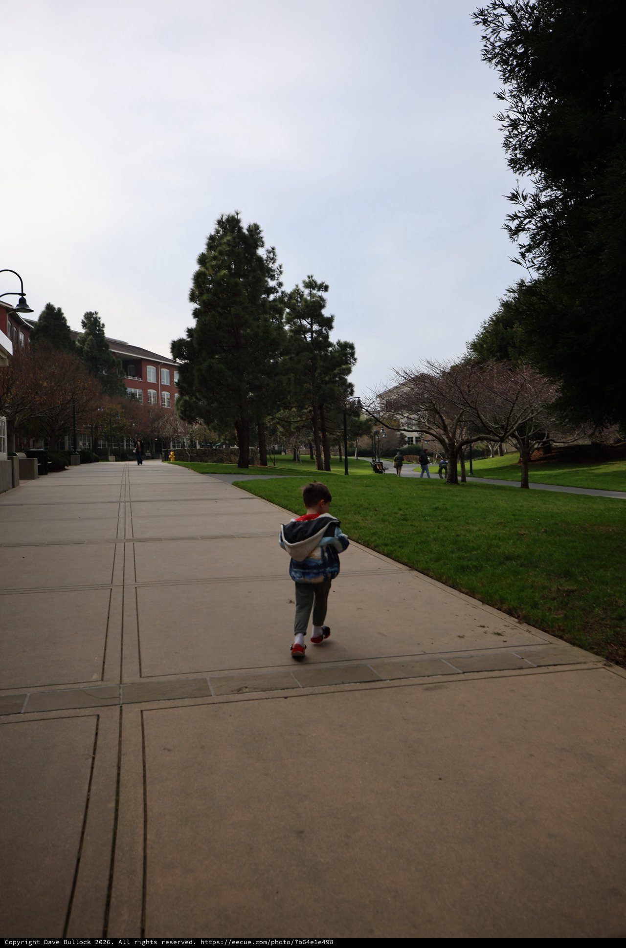 Young Child Walking Through Campus with Backpack
