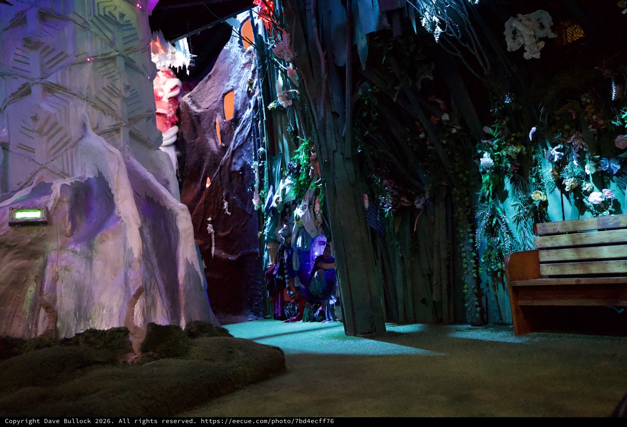 Enchanted Underground Cavern with Colorful Light Installation