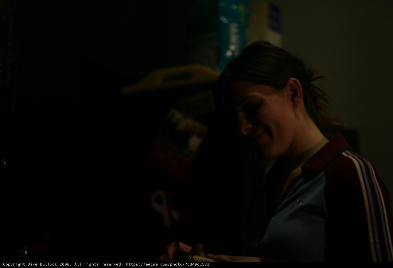 Smiling Woman in Dim Light at Evening Event