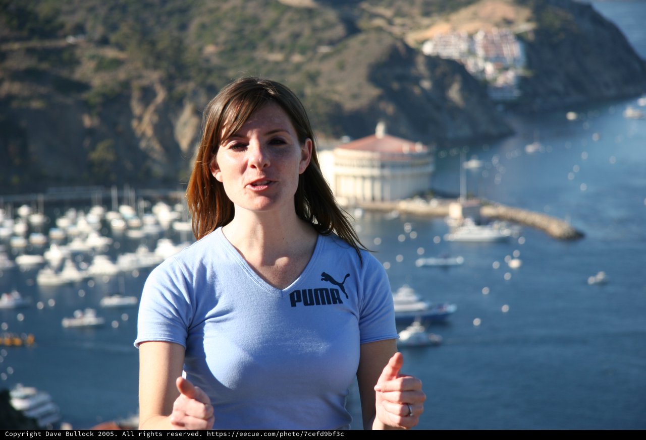 Woman in Puma Shirt Overlooking Catalina Island Harbor