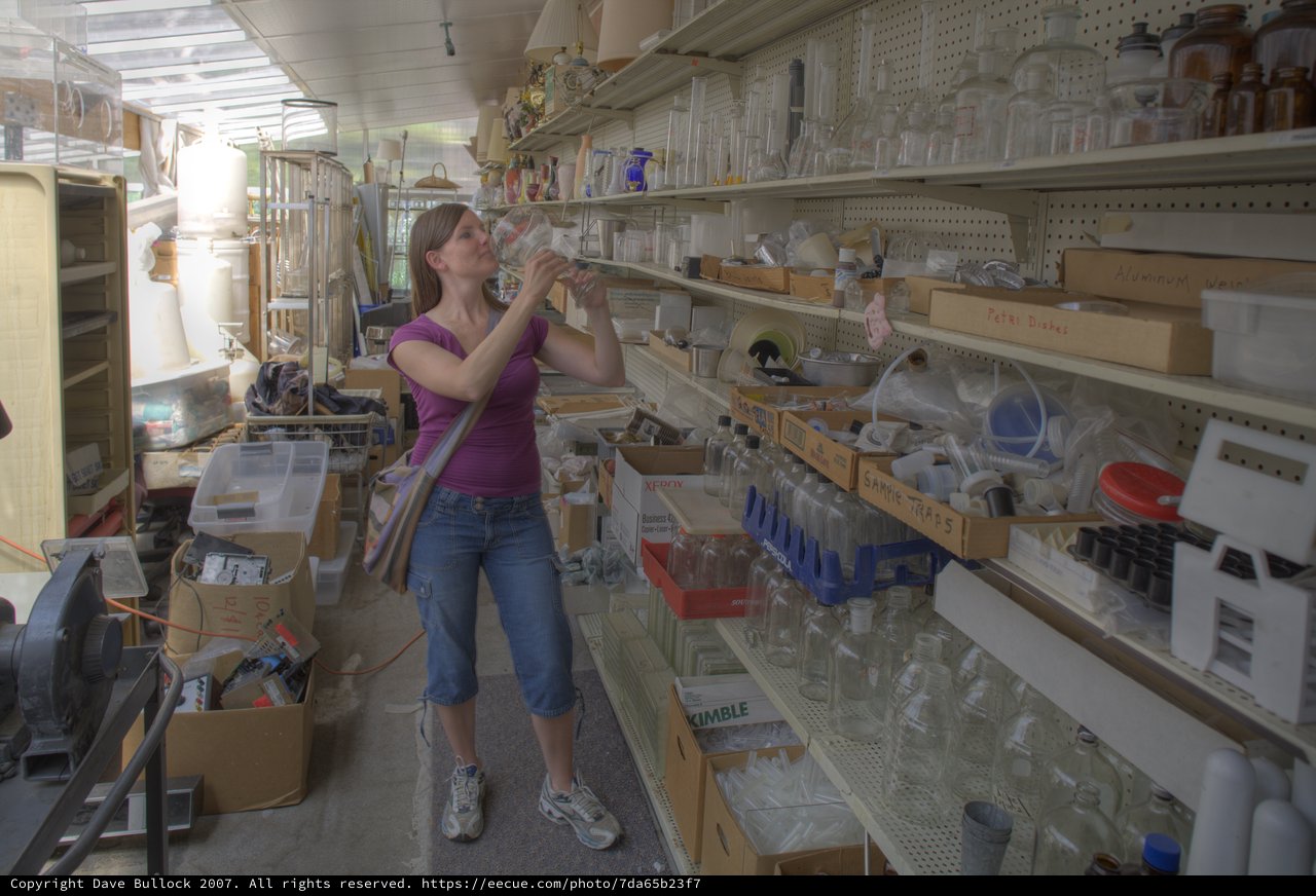 Penelope Examines Glassware at Black Hole Surplus Store