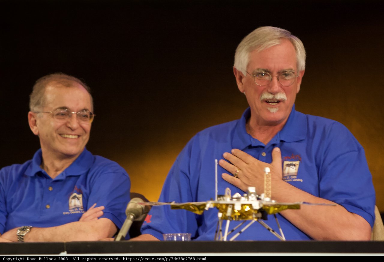 Two Men Discuss Mars Rover Model