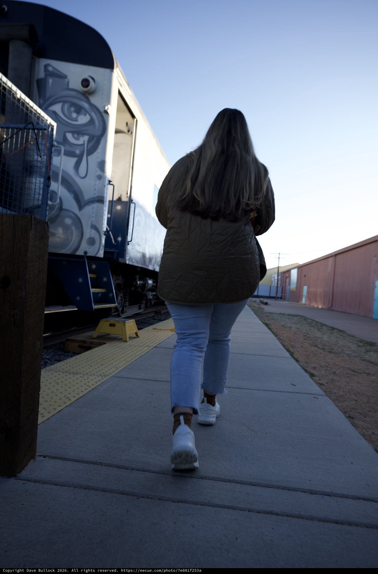 Woman Walking Toward Train at Platform Dusk