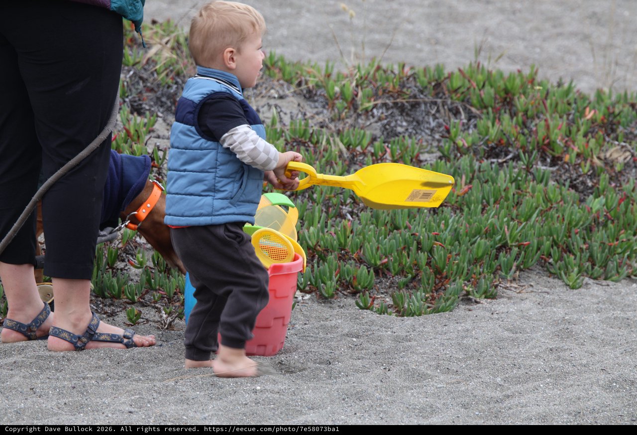 Toddler Ready for Beach Adventure with Colorful Toys