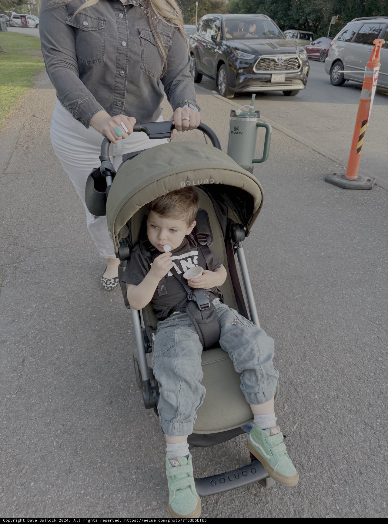 Mother and Child Strolling Through Suburban Neighborhood