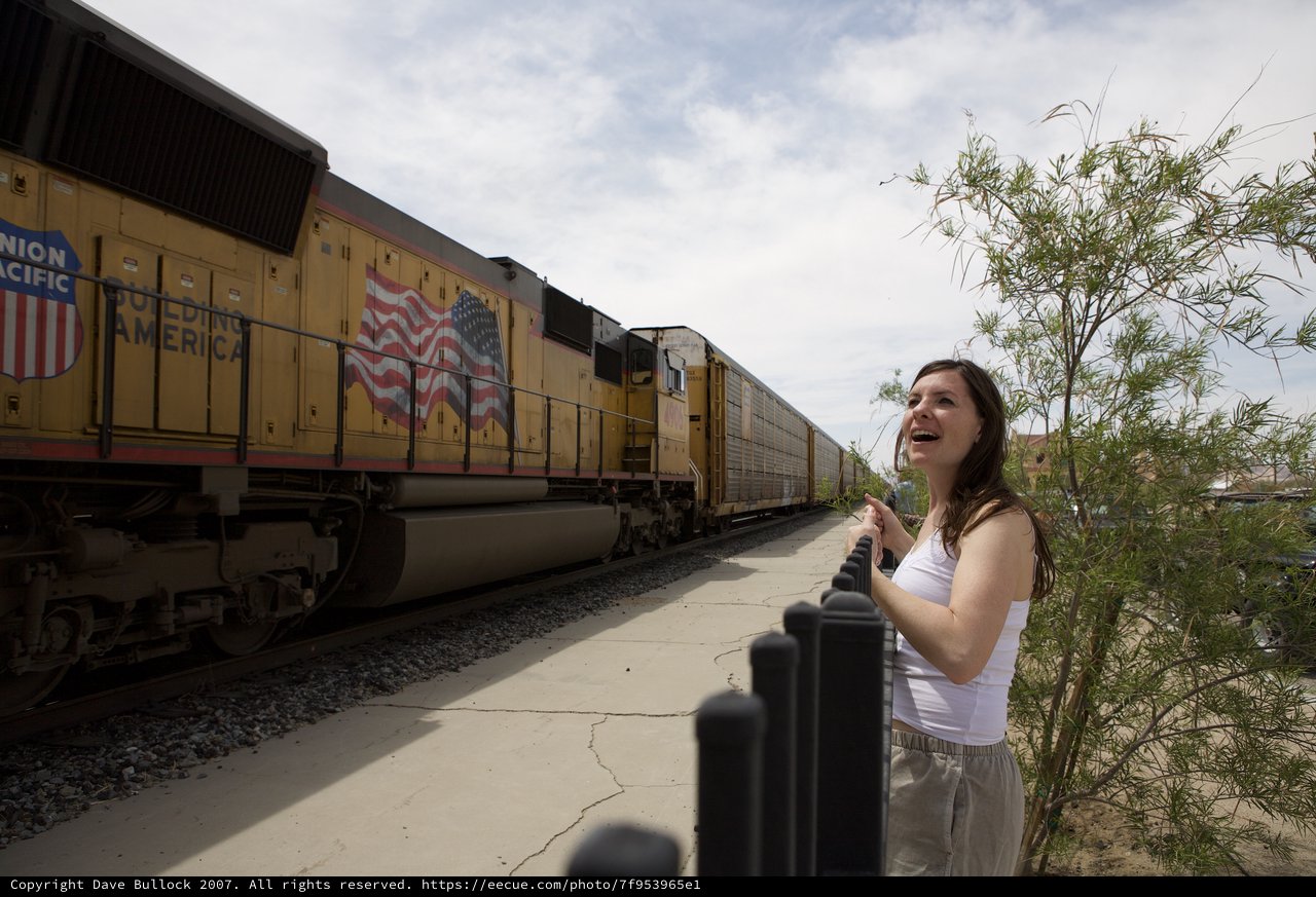 Woman Marvels at Union Pacific Train Passing By