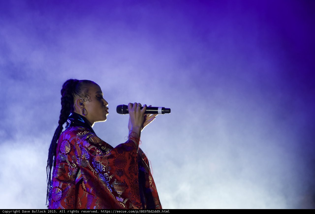 FKA twigs Beautiful Upper Body Profile Singing Eyes Closed Baby Hairs Swirls Hoop Earrings Braided Ponytail Rings Kimono Red Brocade Gold Purple Patterns Purple Blue Lighting Heavy White Haze