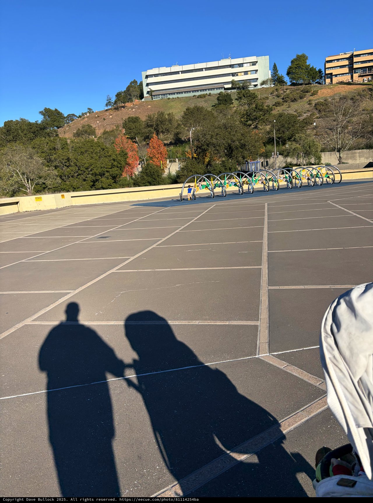 Empty Parking Lot with Shadows and Bike Racks