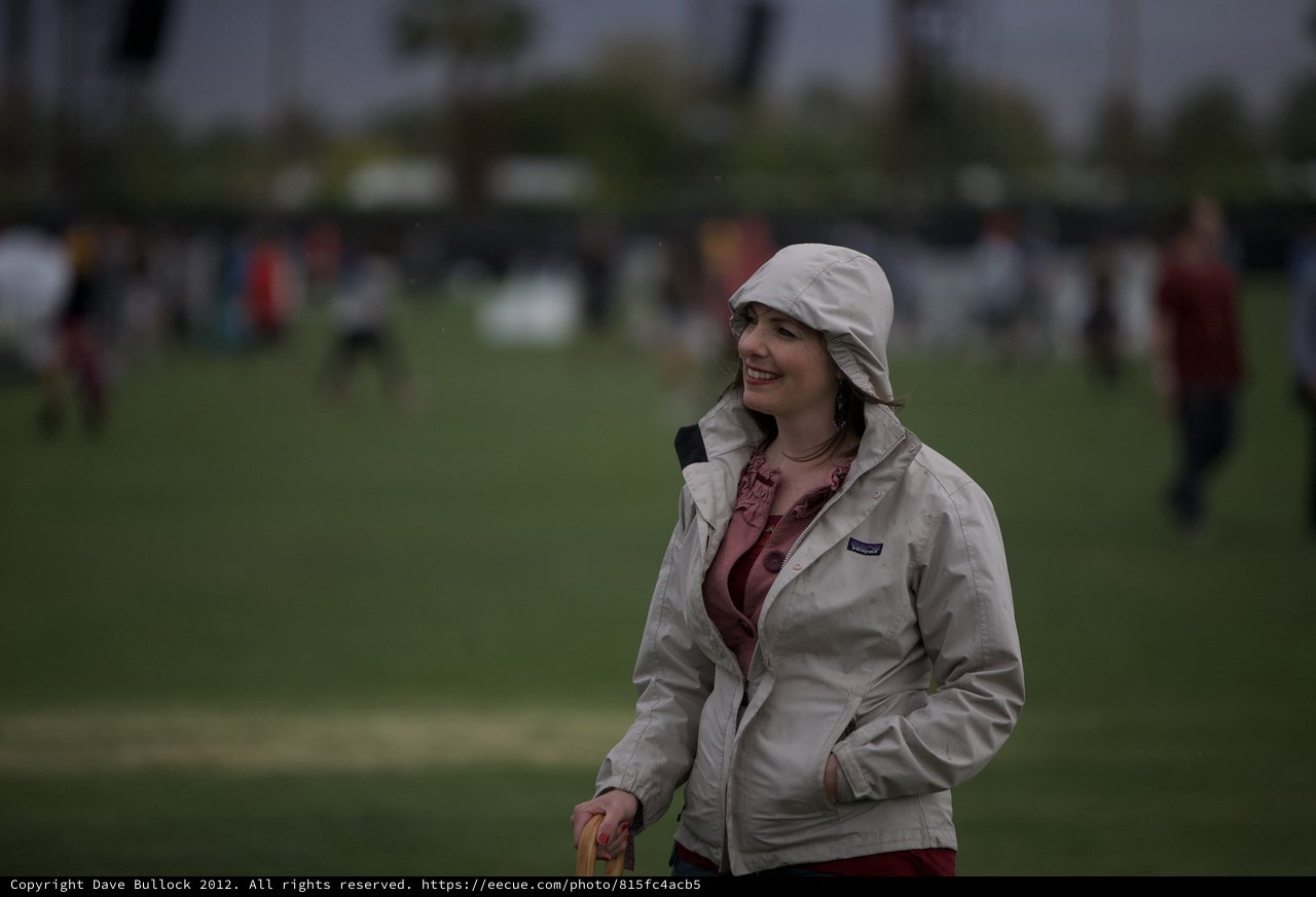 Woman Smiling at Coachella Festival in Rainy Weather