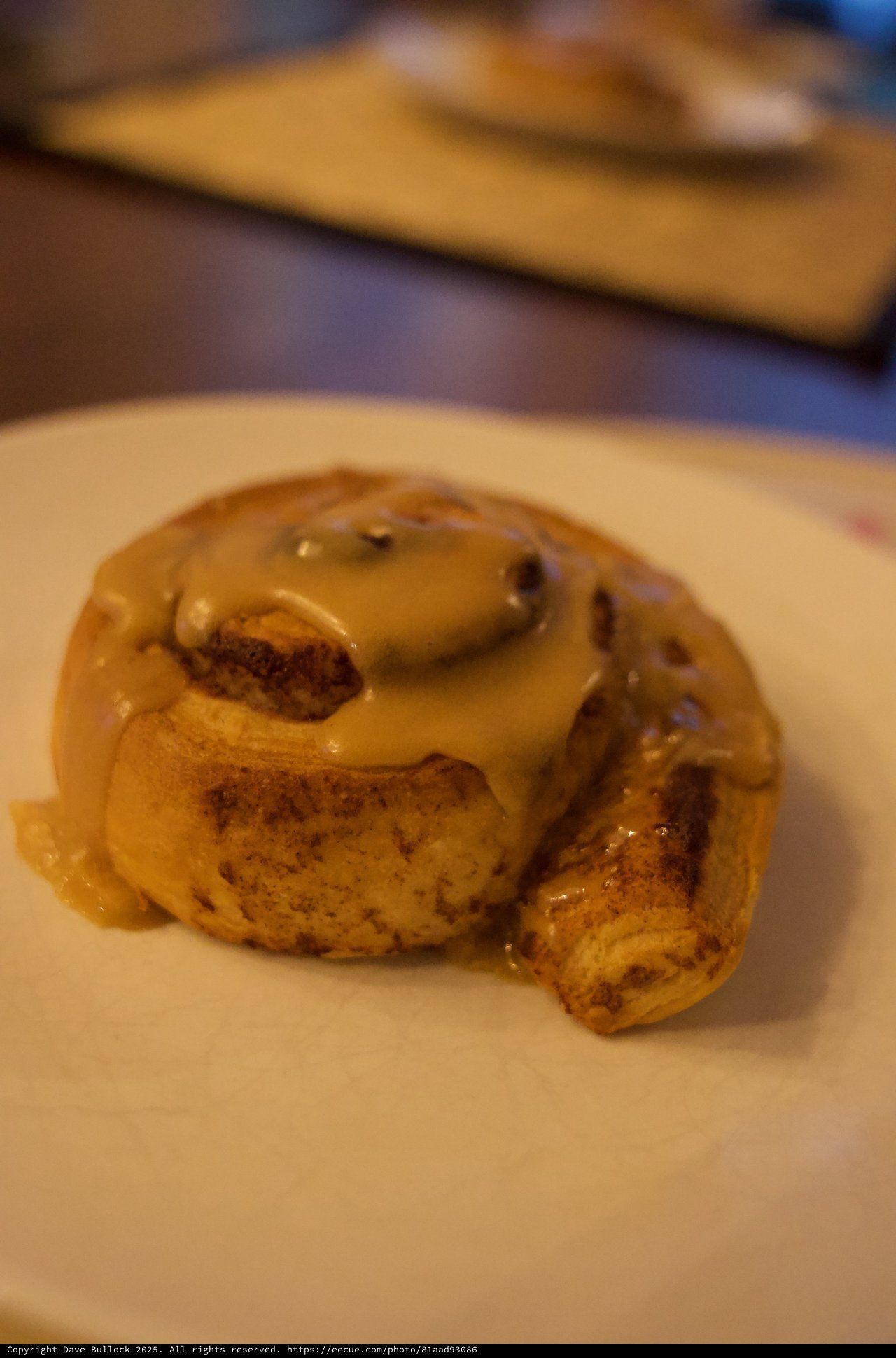 Glazed Cinnamon Roll on White Plate