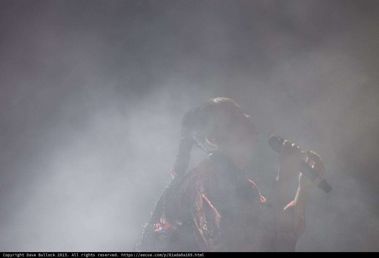 FKA twigs Silhouette Singing Microphone Both Hands Braided Ponytail Red Brocade Kimono Heavy Haze