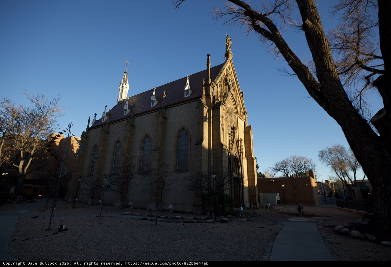 Historic Loretto Chapel Bathed in Golden Hour Light