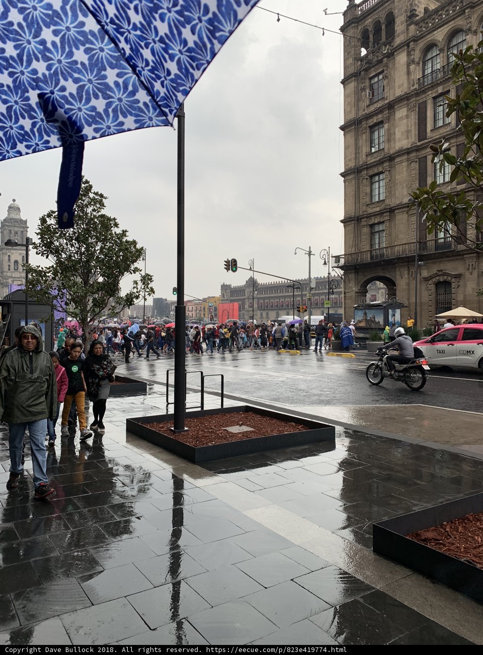 Blue Umbrella on a Crowded Sidewalk