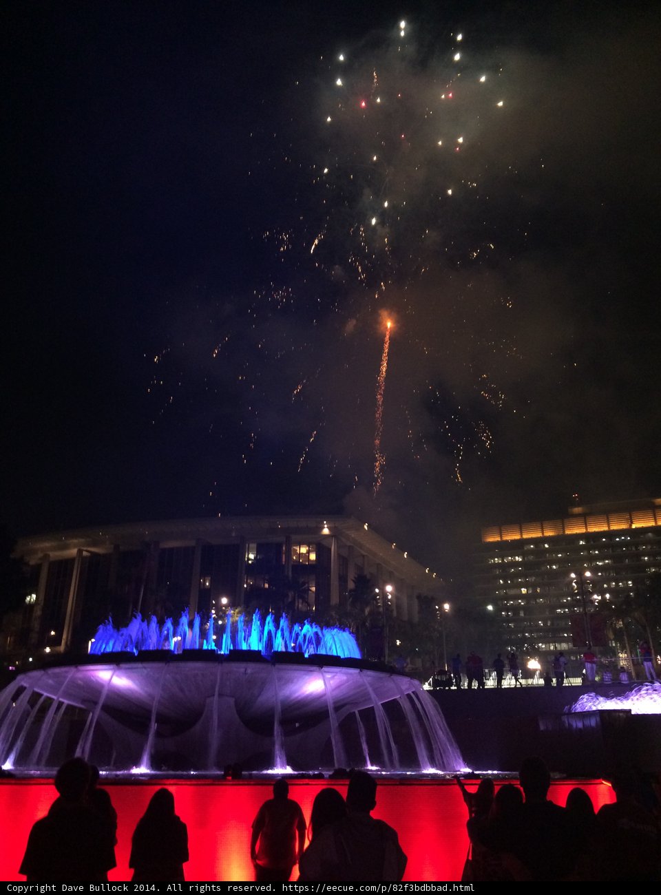 Fireworks illuminate the fountain at Civic Center Mall