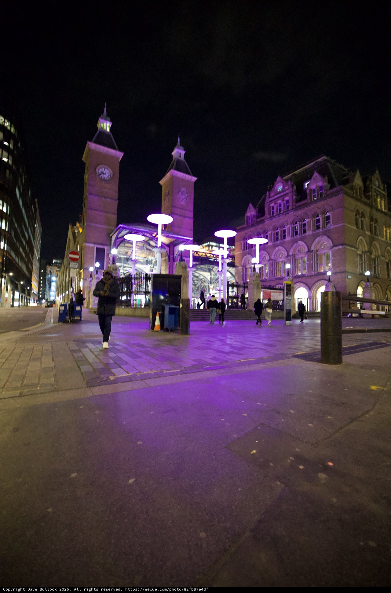 Purple Night Illumination at Liverpool Street Station Plaza