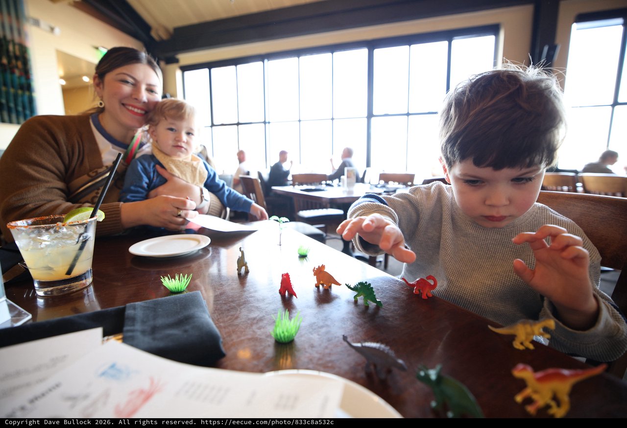 Family Mealtime with Dinosaur Play at Restaurant