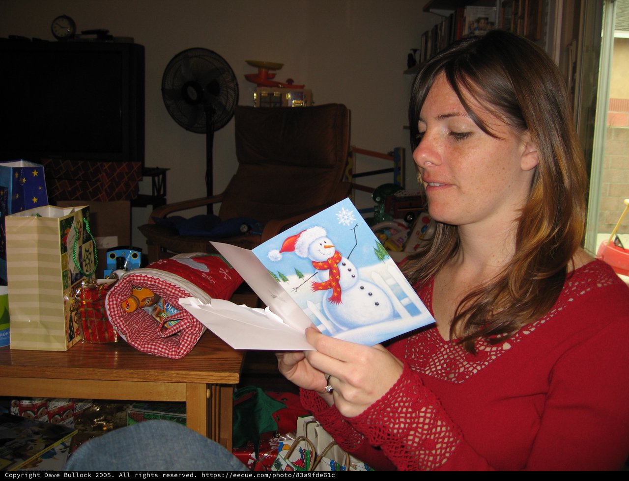 Woman Reading Christmas Card on Holiday Morning