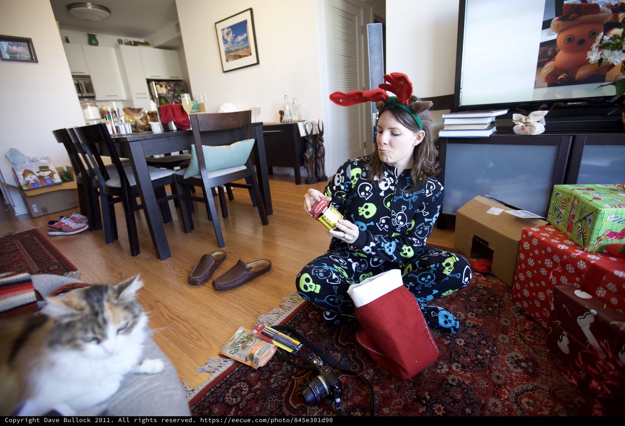 Christmas Morning Stocking Surprises in Reindeer Pajamas