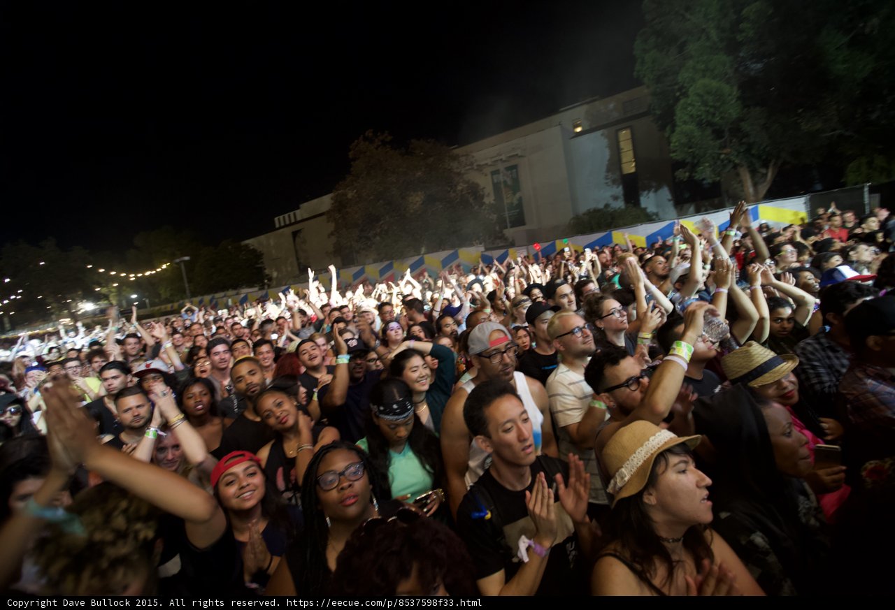 FYF Fest Crowd Portrait Fans Clapping Smiling Woman Glasses Red Headband Building Night