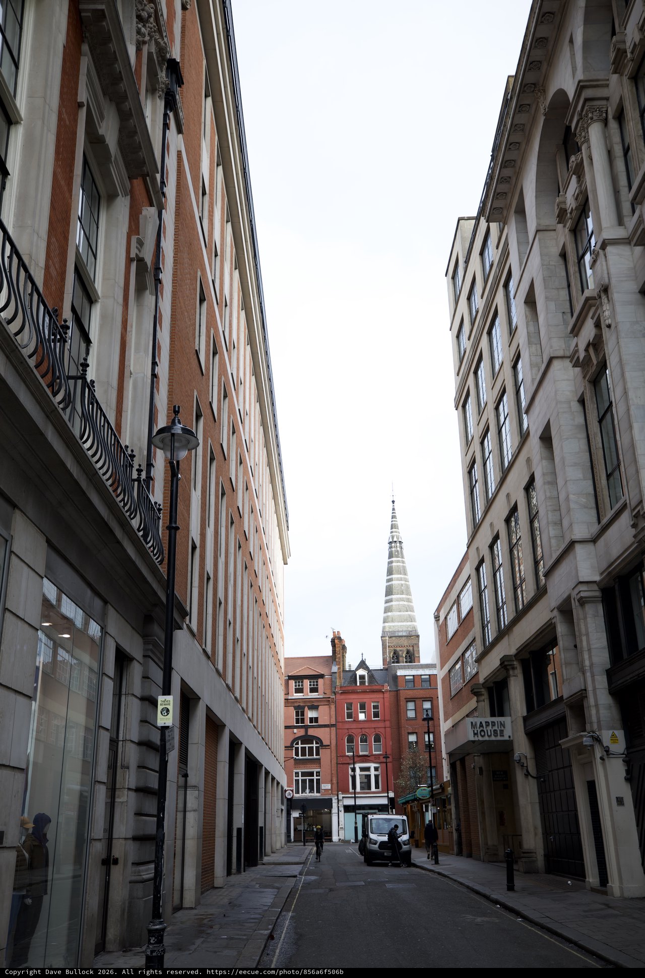Narrow London Street with Church Spire View