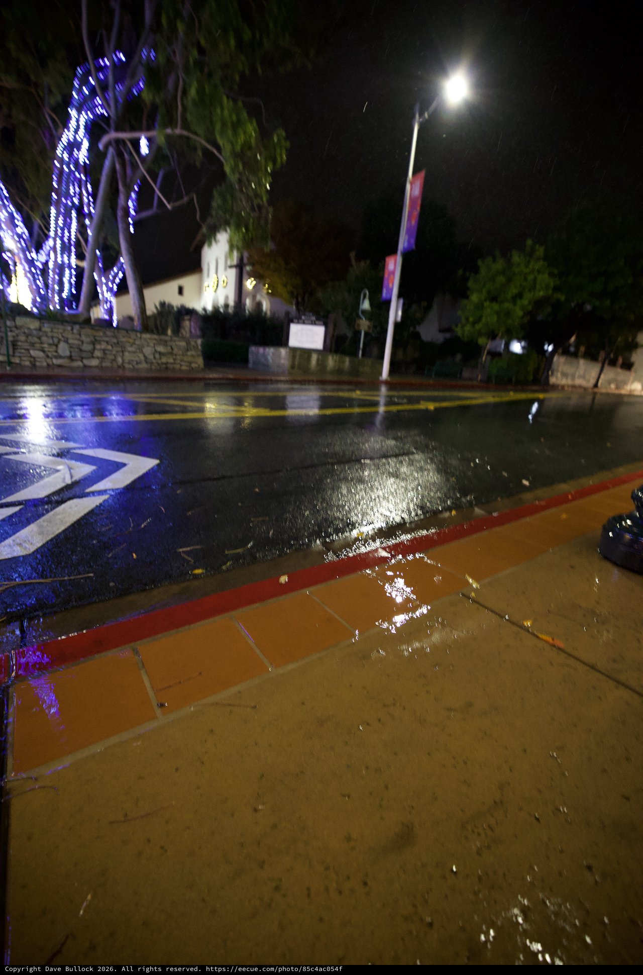 Flooded Street with Directional Markings at Night