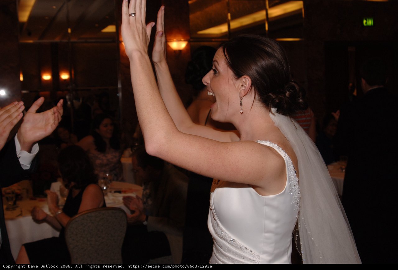 Joyful Bride High-Fives Guest at Wedding Reception