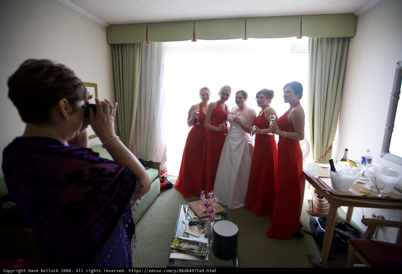 Red-Gowned Bridesmaids Strike a Pose
