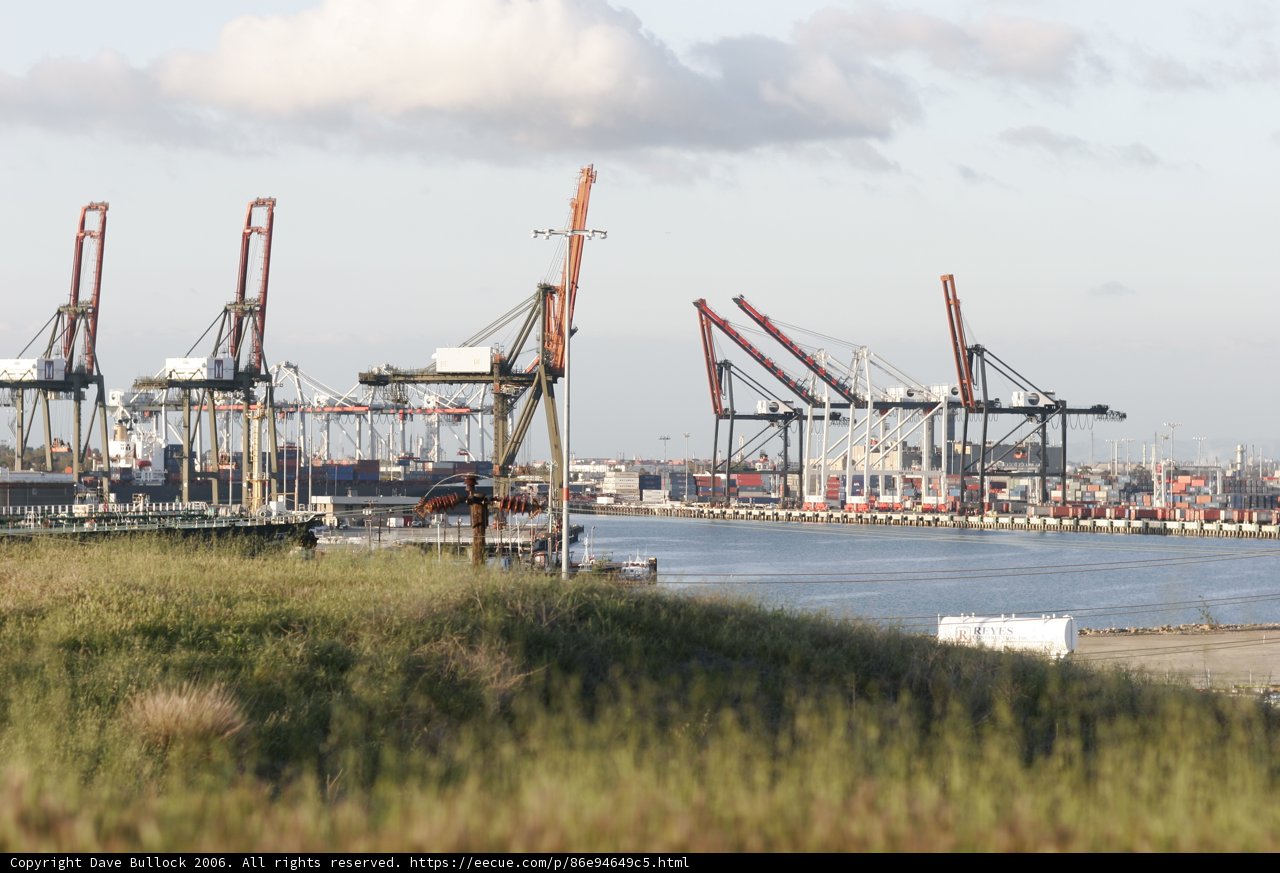 Waterfront Harbor with Construction Cranes