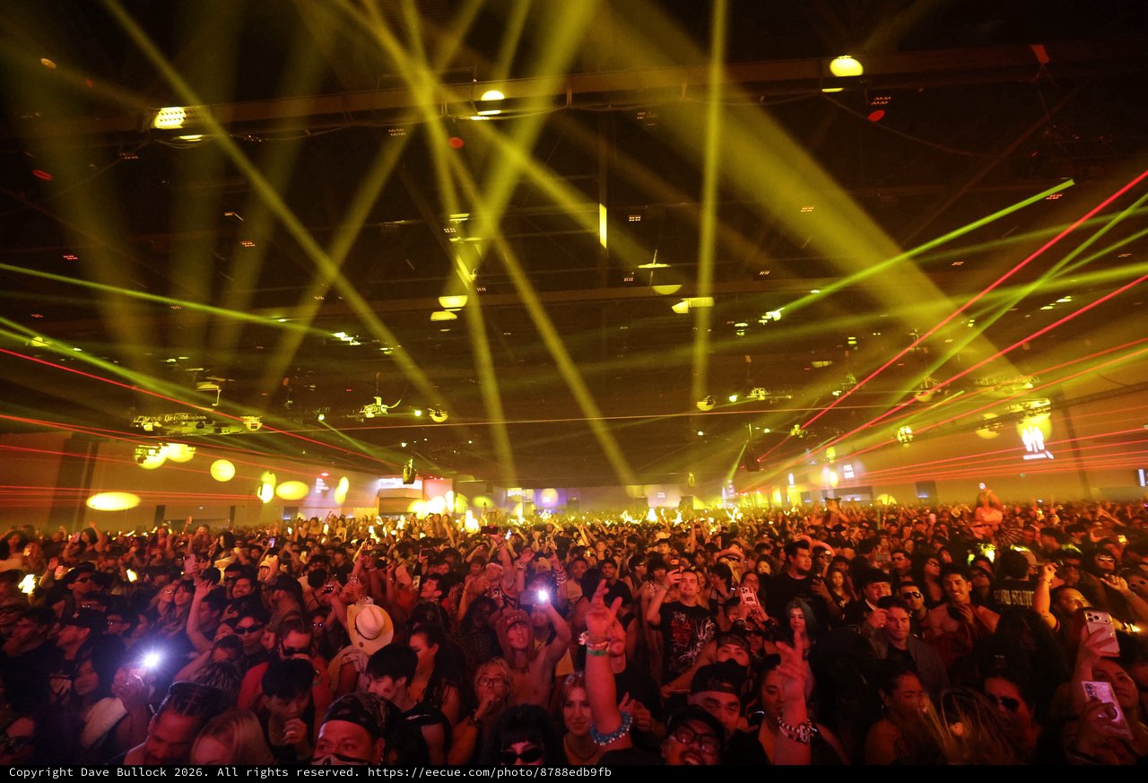 Massive Indoor Crowd Bathed in Laser Light Show