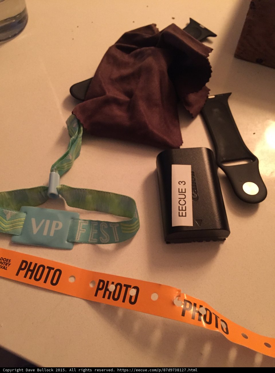 Festival Photography Gear VIP Wristband Photo Pass Canon Battery Apple Watch Lens Cloth Table Still Life