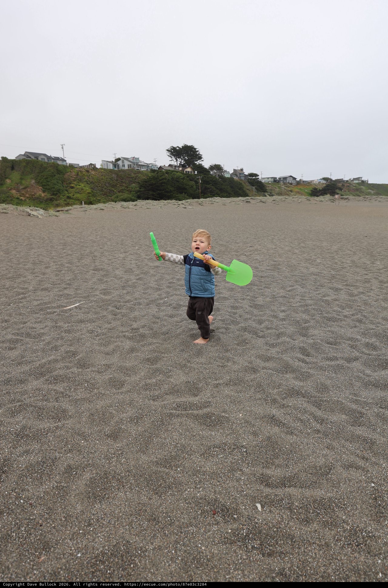 Toddler Triumphant with Sand Shovel on Foggy Beach