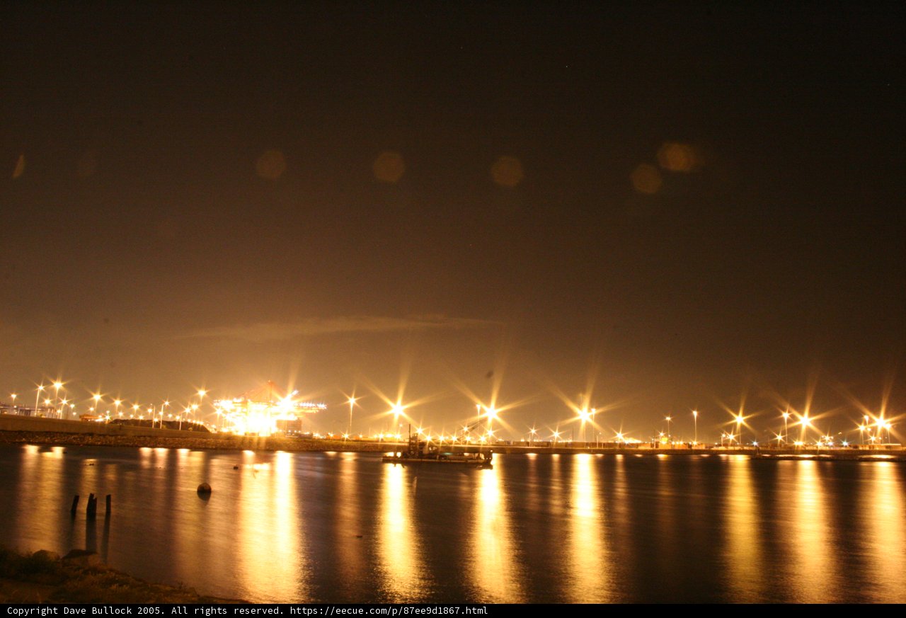 Night Sky Over Lake with Flare and Fireworks
