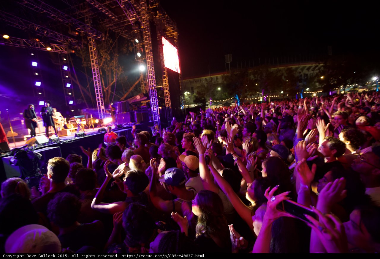 FYF Fest Wide Crowd Shot Stage Arms Raised Video Screen Coliseum Night