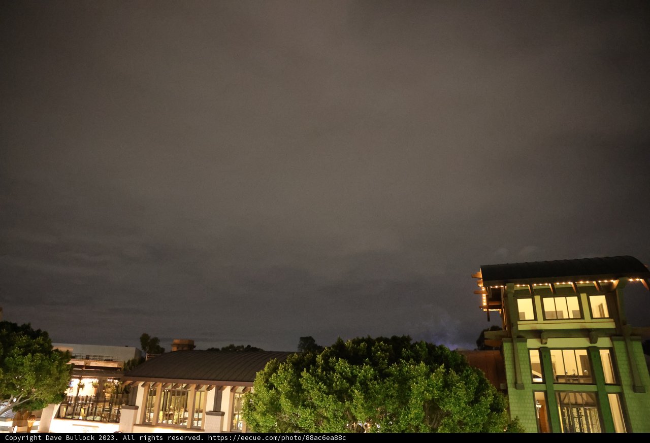 Nighttime view of a striking building under cloudy skies