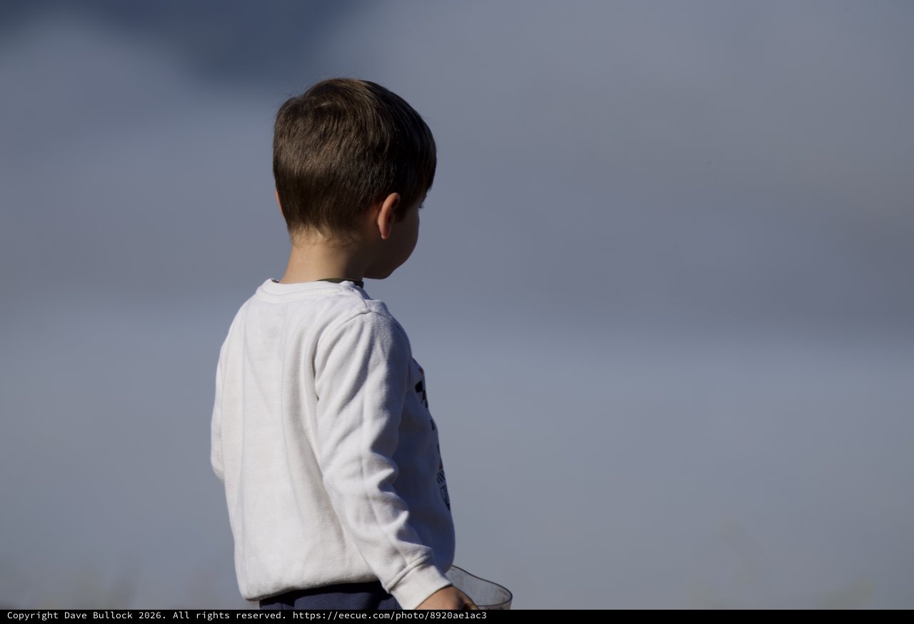 Young Boy Gazes Toward Stormy Mountain Skies