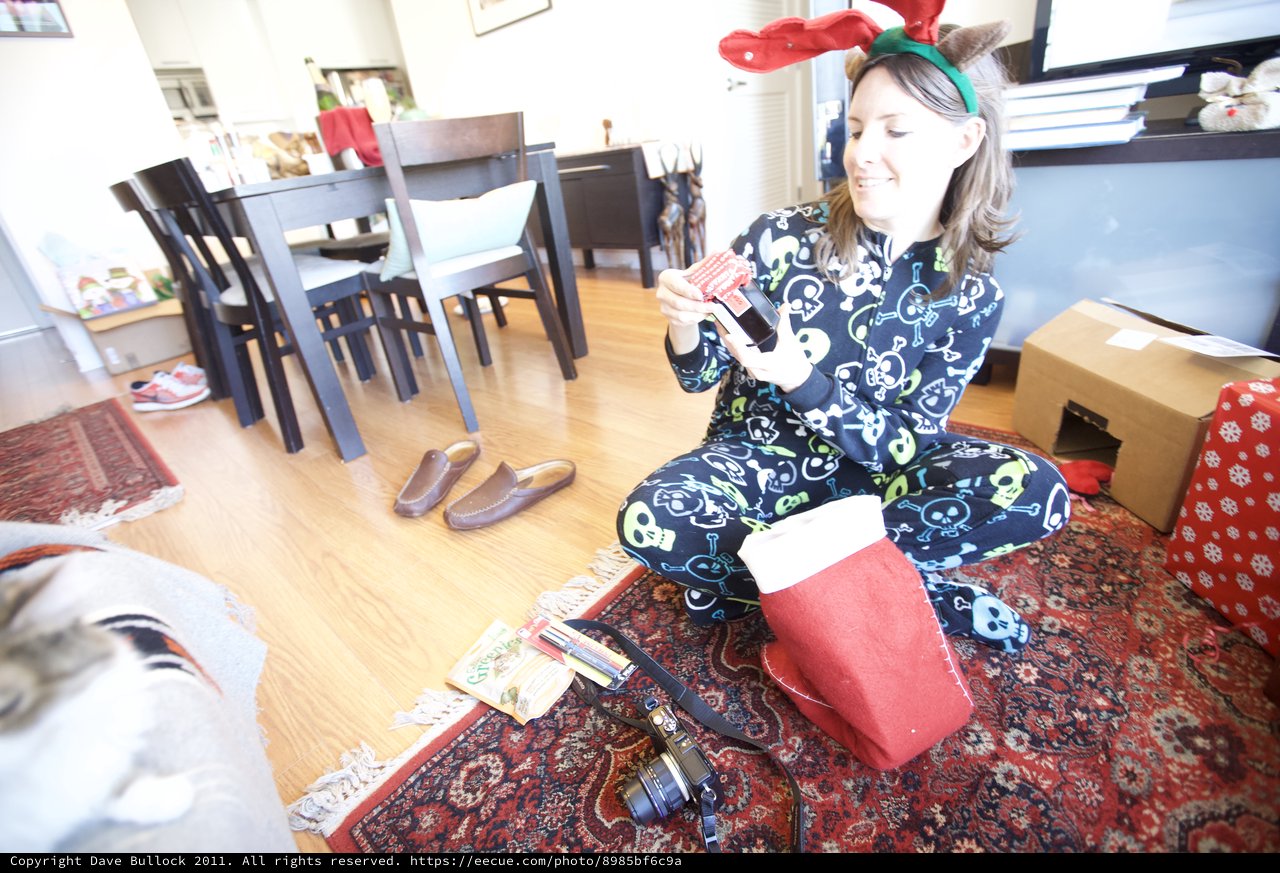 Joyful Christmas Morning Gift Opening in Skull Pajamas