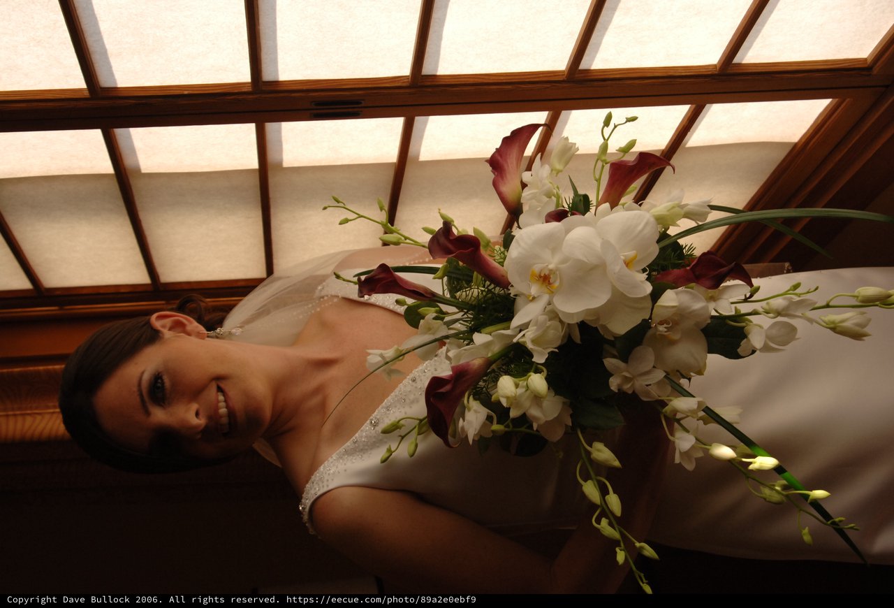 Radiant Bride with Cascading Orchid Bouquet by Window