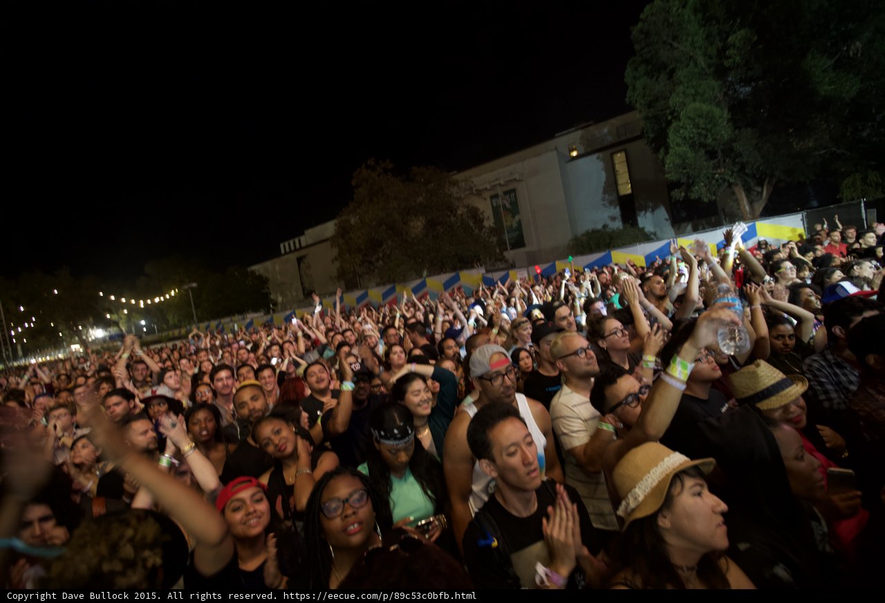 FYF Fest Crowd Portrait Diverse Fans Arms Raised Smiling Woman Glasses Building Night