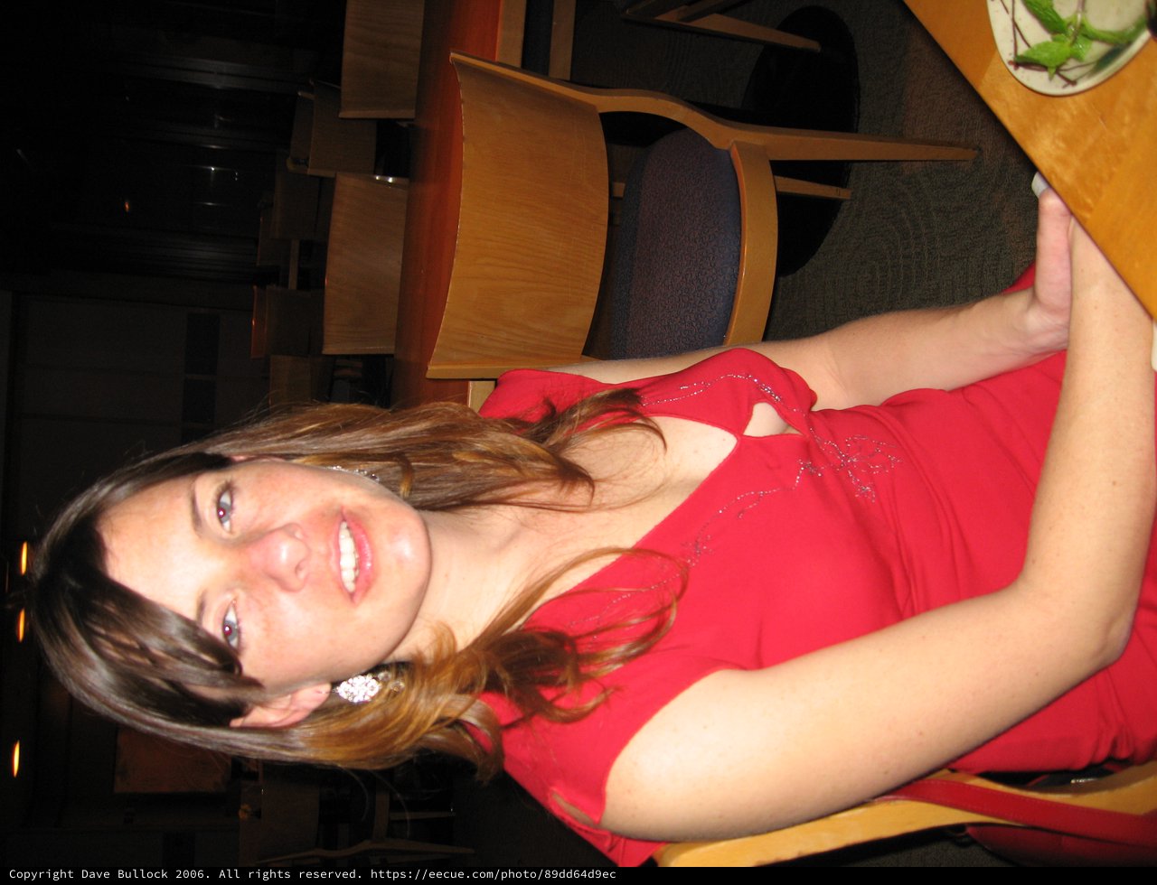 Woman in Red Dress at Restaurant Dinner Table