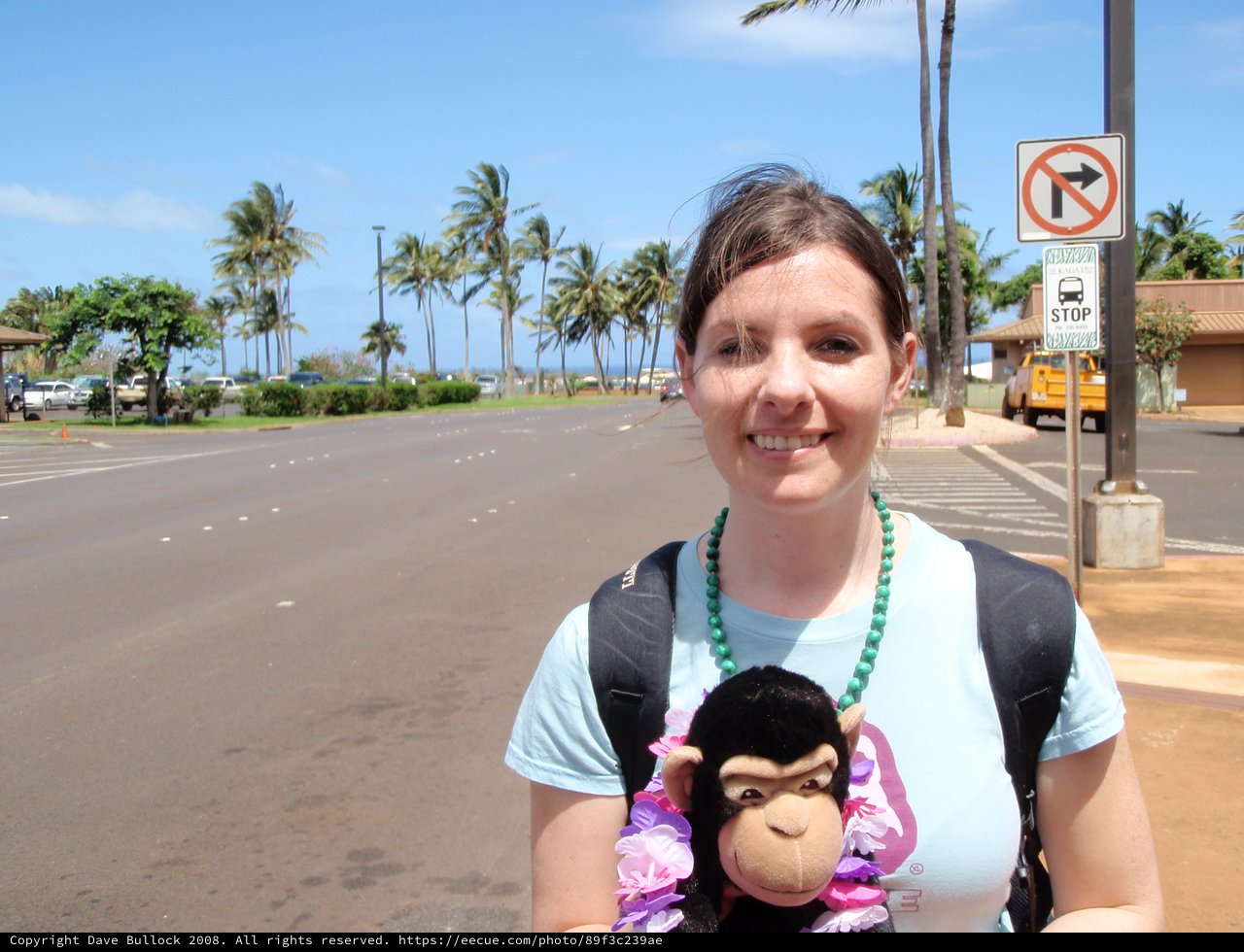 Smiling Woman with Monkey Plush in Hawaiian Parking Lot