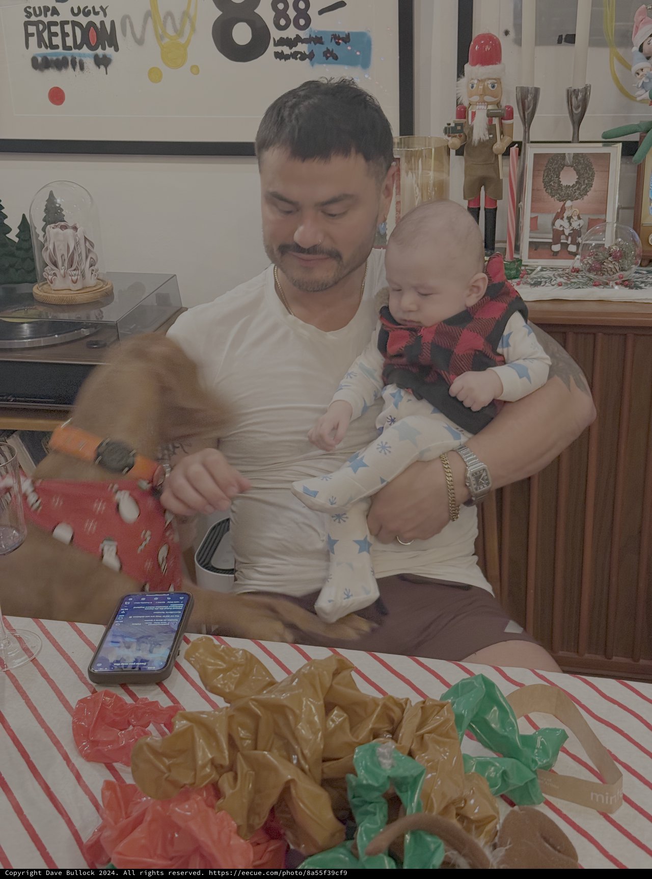 Father and Baby's Christmas Morning Gift Opening