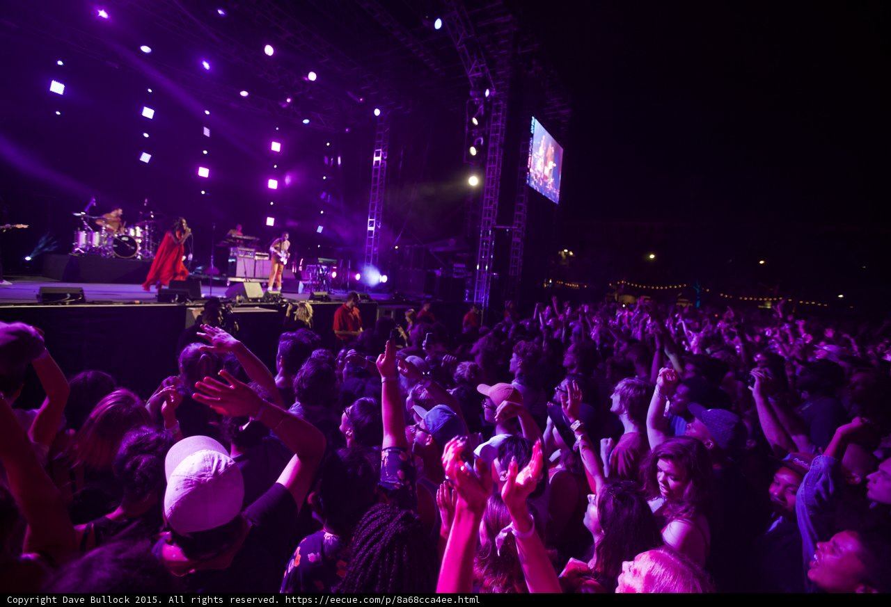 FYF Fest Wide Crowd Stage Solange Red Dress Guitarist Video Screen Purple