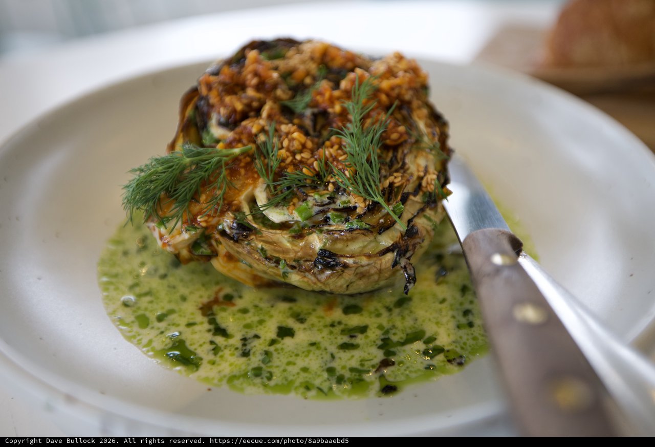 Artfully Plated Roasted Cabbage with Herb Sauce